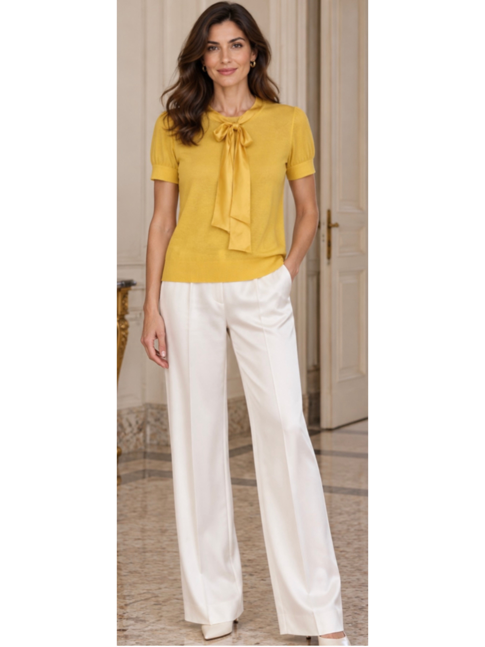 Women's Andrew Gn Yellow Silk Merino Wool Blend Bow Tie Blouse Size S